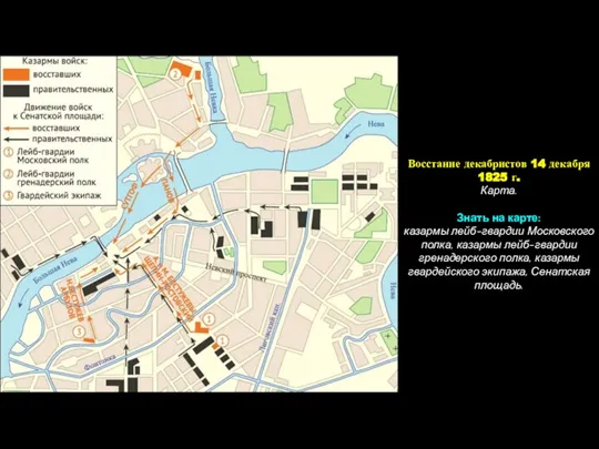 Восстание декабристов 14 декабря 1825 г. Карта. Знать на карте: казармы лейб-гвардии