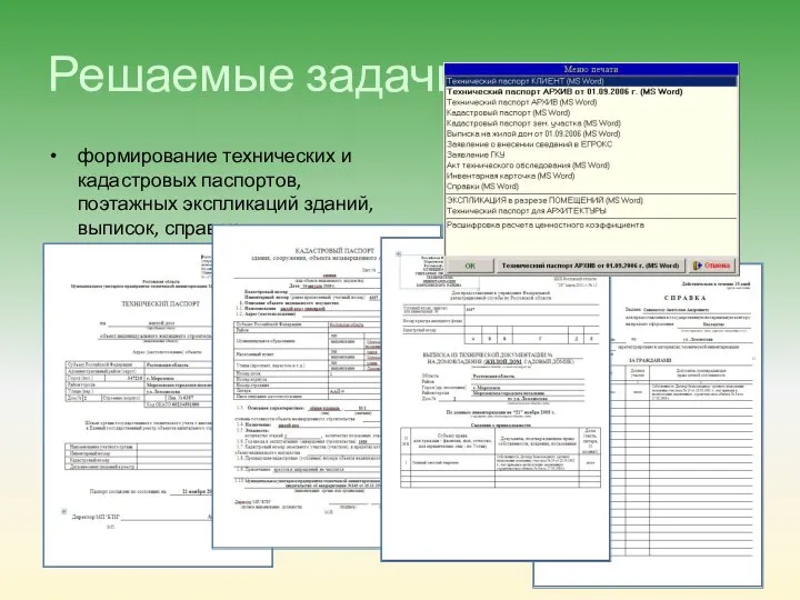 Решаемые задачи формирование технических и кадастровых паспортов, поэтажных экспликаций зданий, выписок, справок