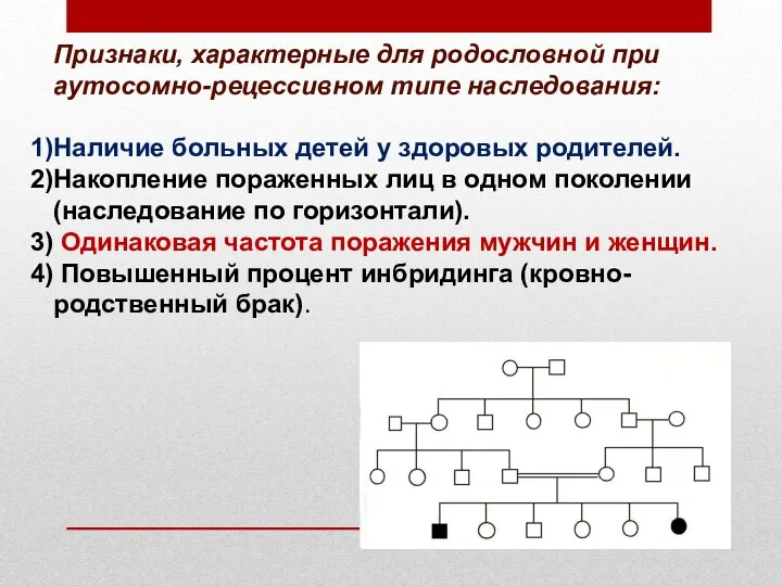 Признаки, характерные для родословной при аутосомно-рецессивном типе наследования: Наличие больных детей у