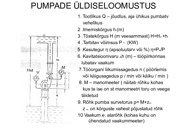 PUMPADE ÜLDISELOOMUSTUS 1. Tootlikus Q – jõudlus, aja ühikus pumbatv vehelikus 2