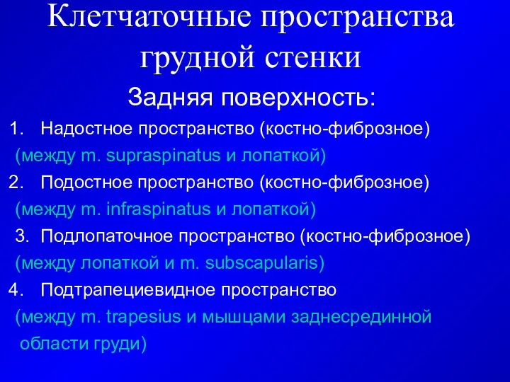 Клетчаточные пространства грудной стенки Задняя поверхность: Надостное пространство (костно-фиброзное) (между m. supraspinatus