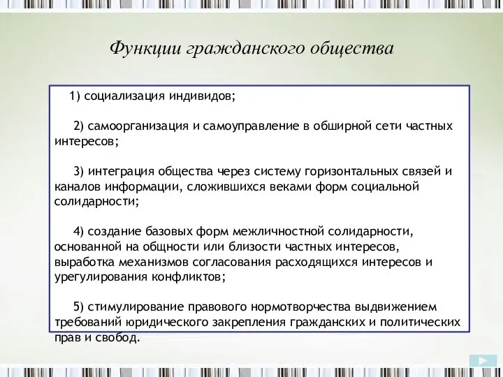 Функции гражданского общества 1) социализация индивидов; 2) самоорганизация и самоуправление в обширной