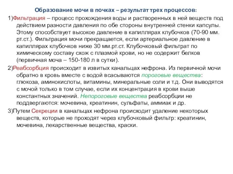 Образование мочи в почках – результат трех процессов: 1)Фильтрация – процесс прохождения