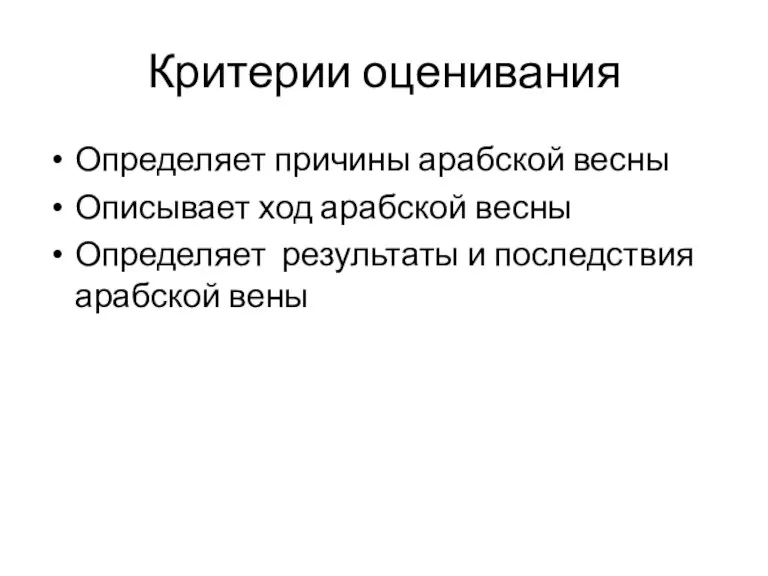 Критерии оценивания Определяет причины арабской весны Описывает ход арабской весны Определяет результаты и последствия арабской вены