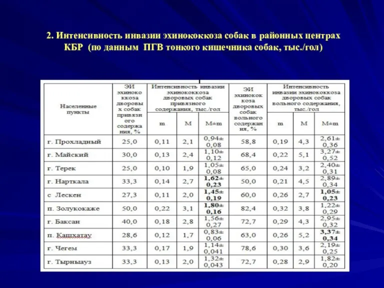 2. Интенсивность инвазии эхинококкоза собак в районных центрах КБР (по данным ПГВ тонкого кишечника собак, тыс./гол)