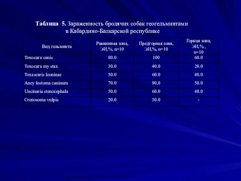 Таблица 5. Зараженность бродячих собак геогельминтами в Кабардино-Балкарской республике