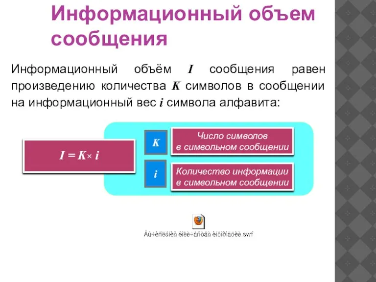 Информационный объем сообщения Информационный объём I сообщения равен произведению количества K символов