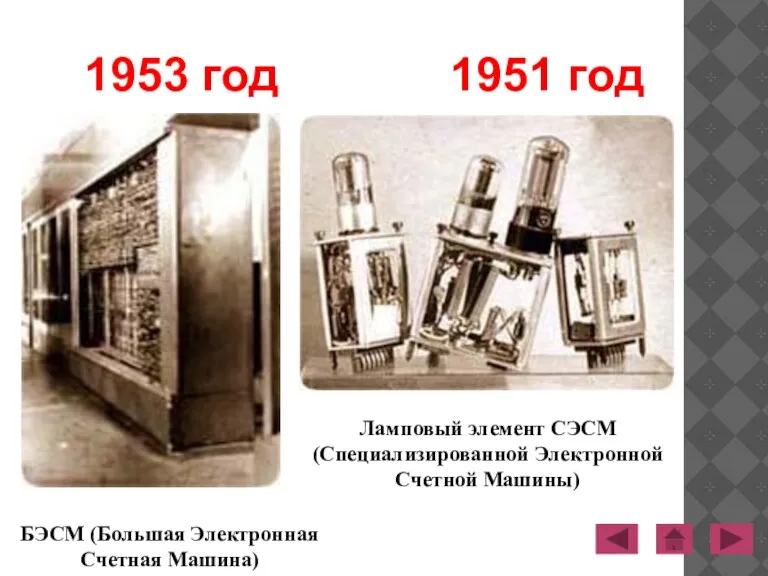 1951 год Ламповый элемент СЭСМ (Специализированной Электронной Счетной Машины) БЭСМ (Большая Электронная Счетная Машина) 1953 год