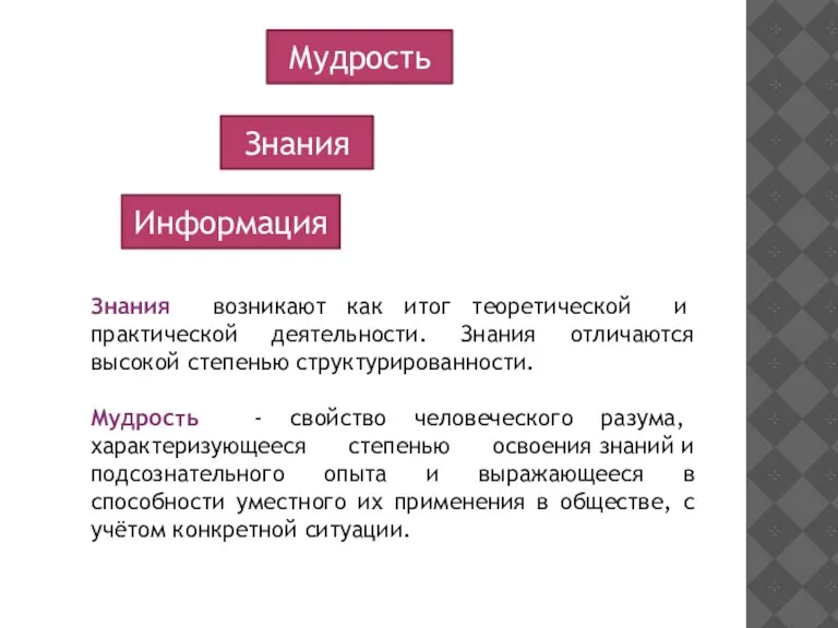 Информация Знания Мудрость Знания возникают как итог теоретической и практической деятельности. Знания