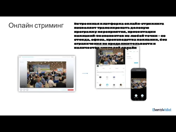 Онлайн стриминг Встроенная платформа онлайн-стриминга позволяет транслировать деловую программу мероприятия, презентации компаний-экспонентов