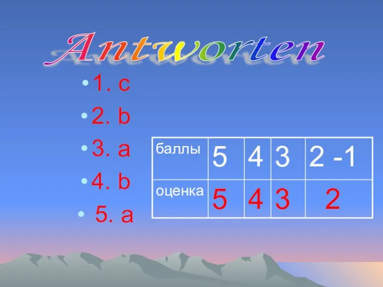 1. c 2. b 3. a 4. b 5. a Antworten