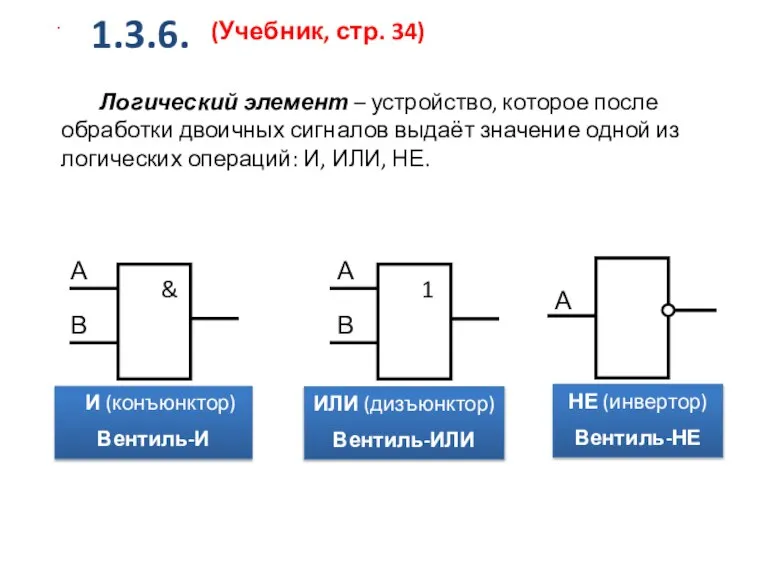 Логический элемент – устройство, которое после обработки двоичных сигналов выдаёт значение одной