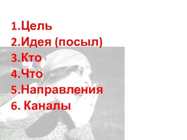 Проблема 1.Цель 2.Идея (посыл) 3.Кто 4.Что 5.Направления 6. Каналы