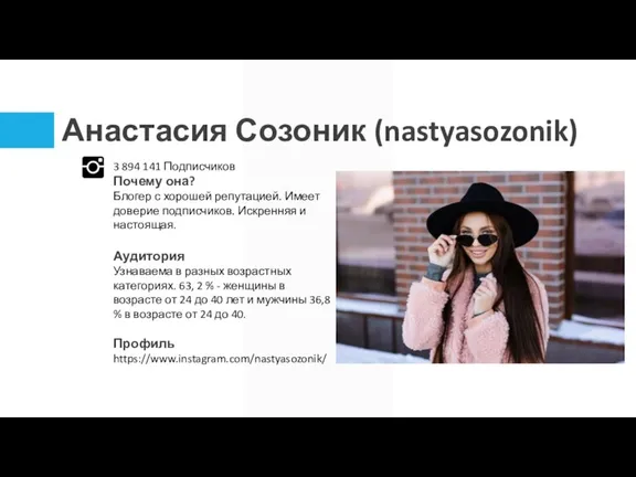 Анастасия Созоник (nastyasozonik) 3 894 141 Подписчиков Почему она? Блогер с хорошей