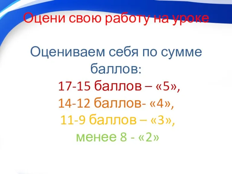 Оцени свою работу на уроке Оцениваем себя по сумме баллов: 17-15 баллов