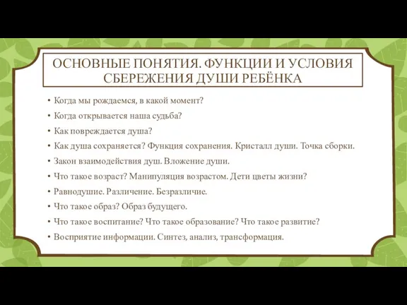 ОСНОВНЫЕ ПОНЯТИЯ. ФУНКЦИИ И УСЛОВИЯ СБЕРЕЖЕНИЯ ДУШИ РЕБЁНКА Когда мы рождаемся, в