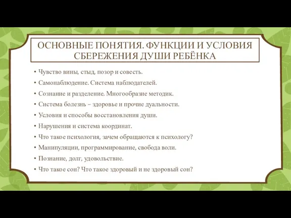 ОСНОВНЫЕ ПОНЯТИЯ. ФУНКЦИИ И УСЛОВИЯ СБЕРЕЖЕНИЯ ДУШИ РЕБЁНКА Чувство вины, стыд, позор