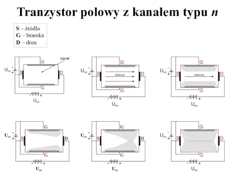 Tranzystor polowy z kanałem typu n S – źródło G – bramka D – dren