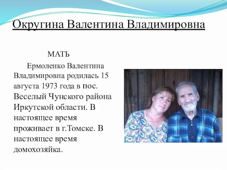 Округина Валентина Владимировна МАТЬ Ермоленко Валентина Владимировна родилась 15 августа 1973 года