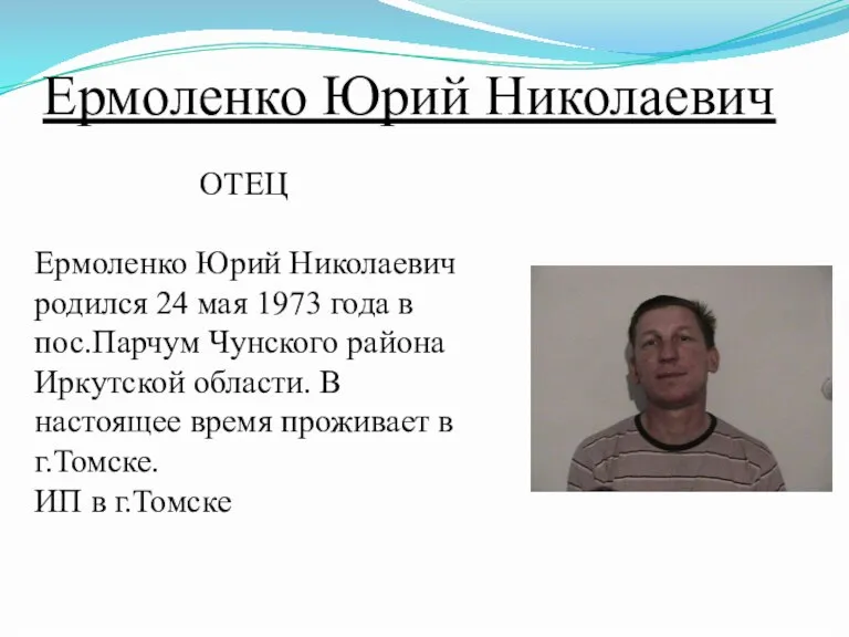 Ермоленко Юрий Николаевич ОТЕЦ Ермоленко Юрий Николаевич родился 24 мая 1973 года