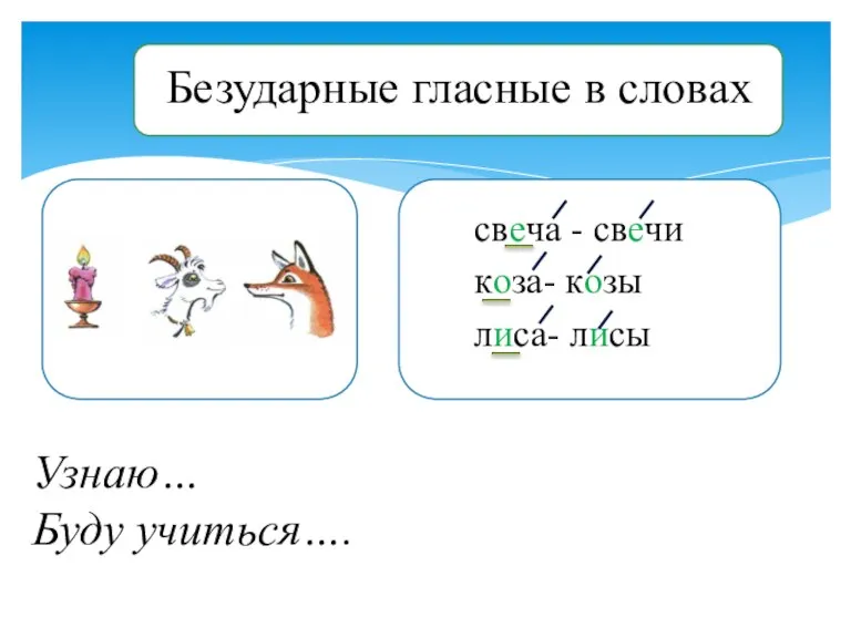 Узнаю… Буду учиться…. свеча - свечи коза- козы лиса- лисы Безударные гласные в словах