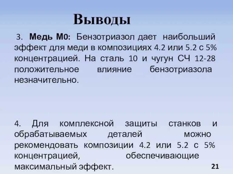 Выводы 3. Медь М0: Бензотриазол дает наибольший эффект для меди в композициях