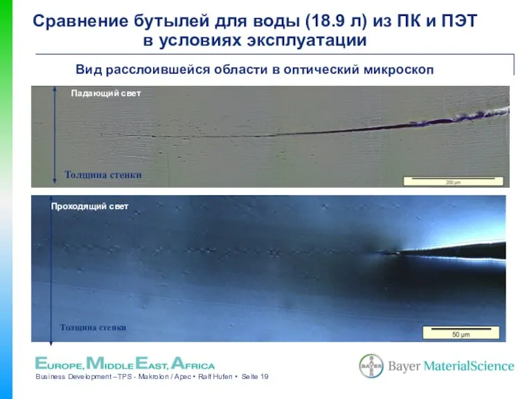 Вид расслоившейся области в оптический микроскоп Сравнение бутылей для воды (18.9 л)