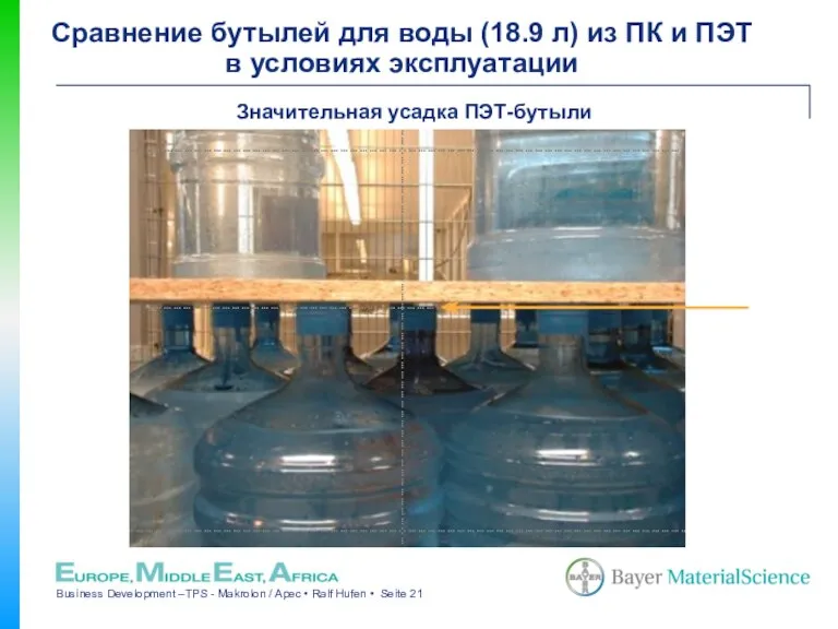 Значительная усадка ПЭТ-бутыли Сравнение бутылей для воды (18.9 л) из ПК и ПЭТ в условиях эксплуатации