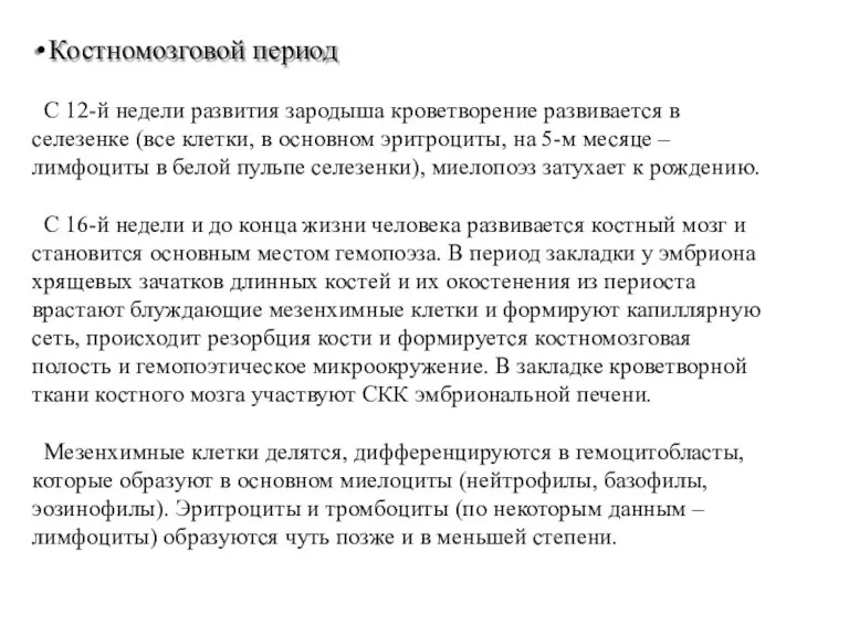 Костномозговой период С 12-й недели развития зародыша кроветворение развивается в селезенке (все