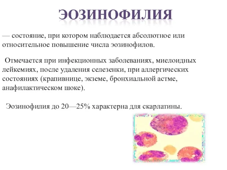 — состояние, при котором наблюдается абсолютное или относительное повышение числа эозинофилов. Отмечается