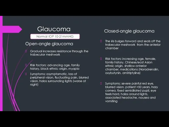 Glaucoma Open-angle glaucoma Gradual increases resistance through the trabecular meshwork Risk factors: