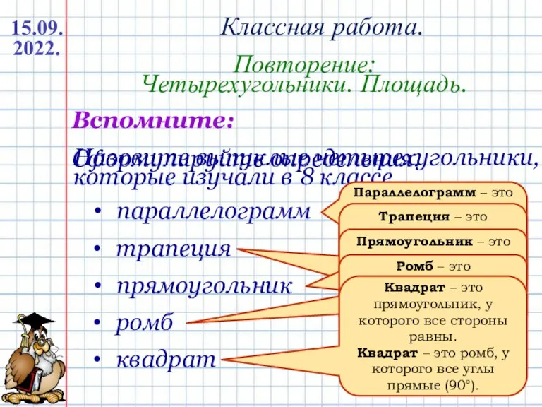 Классная работа. Повторение: Четырехугольники. Площадь. 15.09.2022. Назовите выпуклые четырехугольники, которые изучали в