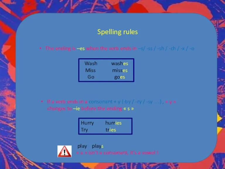 Spelling rules The ending is –es when the verb ends in –s/