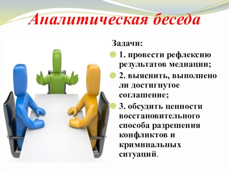 Аналитическая беседа Задачи: 1. провести рефлексию результатов медиации; 2. выяснить, выполнено ли