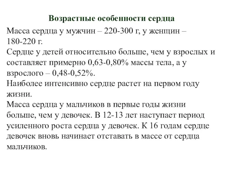 Возрастные особенности сердца Масса сердца у мужчин – 220-300 г, у женщин