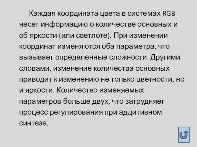 Каждая координата цвета в системах RGB несет информацию о количестве основных и