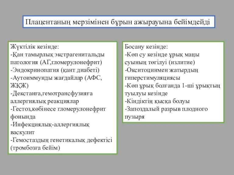 Плацентаның мерзімінен бұрын ажырауына бейімдейді Жүктілік кезінде: -Қан тамырлық экстрагенитальды патология (АГ,гломерулонефрит)