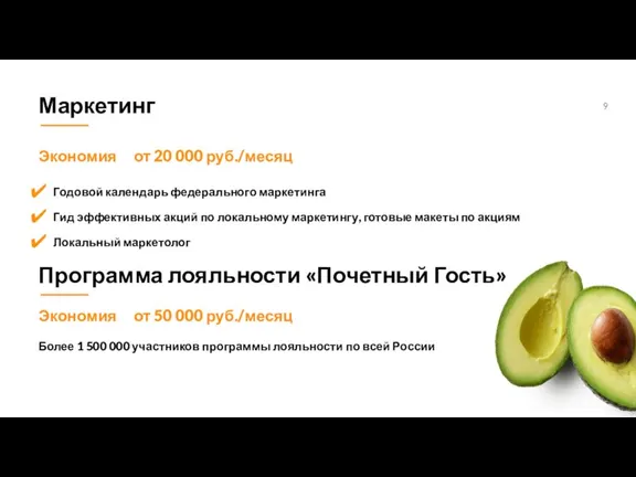 Маркетинг Программа лояльности «Почетный Гость» Экономия от 50 000 руб./месяц Более 1