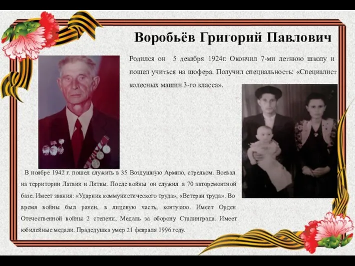 Воробьёв Григорий Павлович Родился он 5 декабря 1924г. Окончил 7-ми летнюю школу