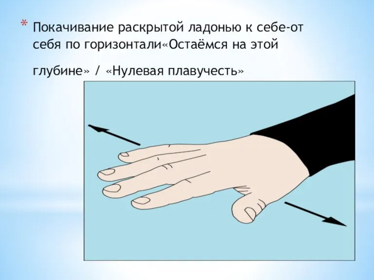 Покачивание раскрытой ладонью к себе-от себя по горизонтали«Остаёмся на этой глубине» / «Нулевая плавучесть»