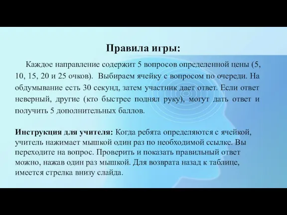 Каждое направление содержит 5 вопросов определенной цены (5, 10, 15, 20 и