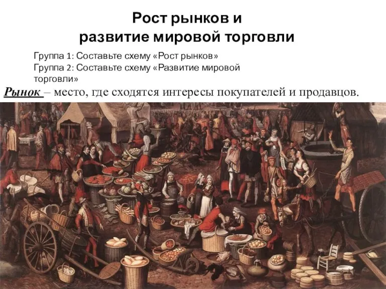 Рост рынков и развитие мировой торговли Группа 1: Составьте схему «Рост рынков»