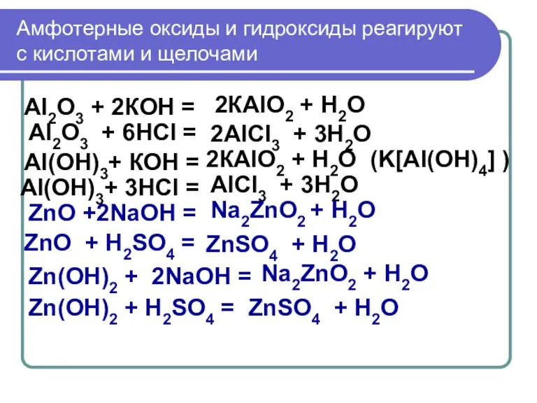 Амфотерные оксиды и гидроксиды реагируют с кислотами и щелочами Al2O3 + 2КОH