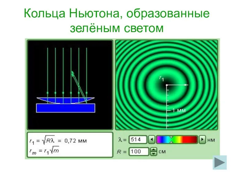 Кольца Ньютона, образованные зелёным светом