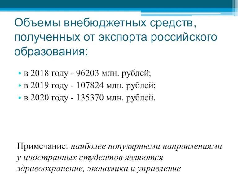 Объемы внебюджетных средств, полученных от экспорта российского образования: в 2018 году -