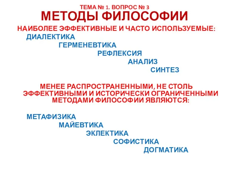 МЕТОДЫ ФИЛОСОФИИ НАИБОЛЕЕ ЭФФЕКТИВНЫЕ И ЧАСТО ИСПОЛЬЗУЕМЫЕ: ДИАЛЕКТИКА ГЕРМЕНЕВТИКА РЕФЛЕКСИЯ АНАЛИЗ СИНТЕЗ