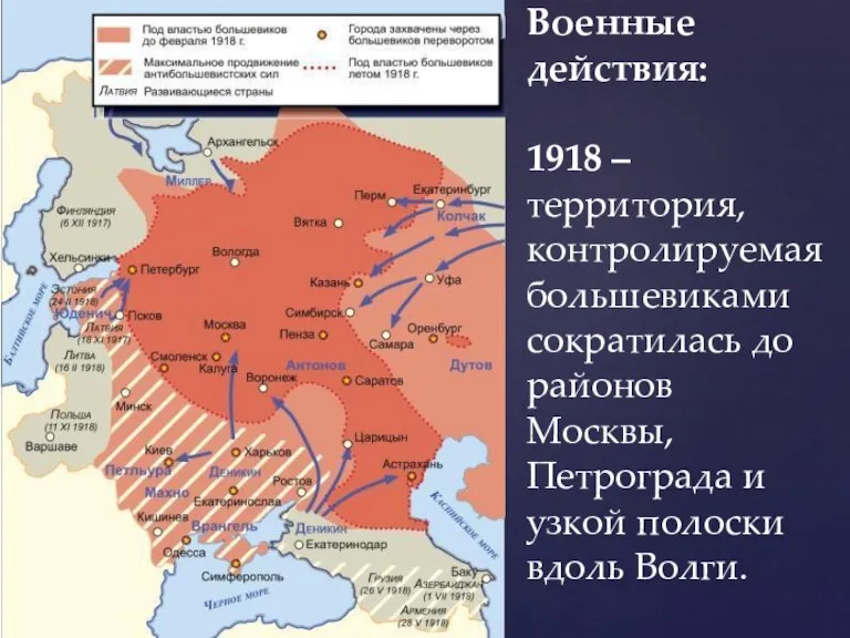 Военные действия: 1918 – территория, контролируемая большевиками сократилась до районов Москвы, Петрограда