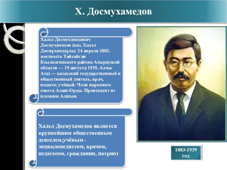 Х. Досмухамедов 1883-1939 год Халел Досмуха́медович Досмуха́медов (каз. Халел Досмұхамедұлы; 24 апреля