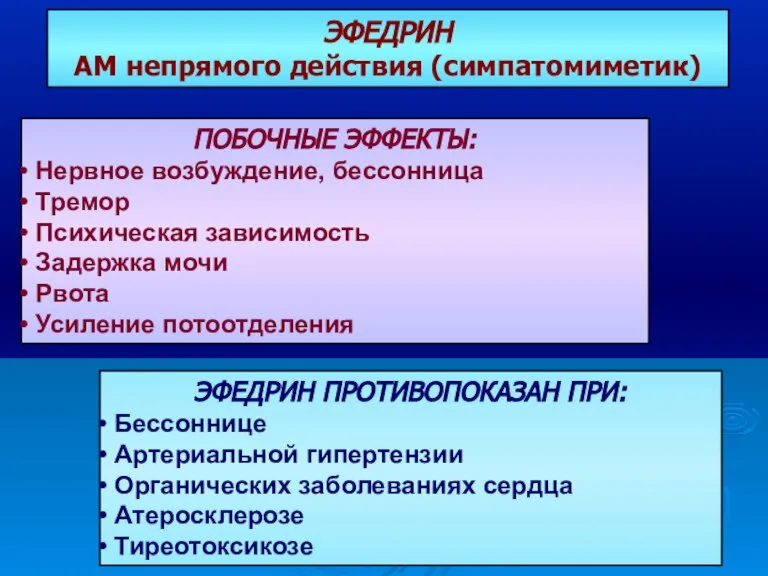 ПОБОЧНЫЕ ЭФФЕКТЫ: Нервное возбуждение, бессонница Тремор Психическая зависимость Задержка мочи Рвота Усиление