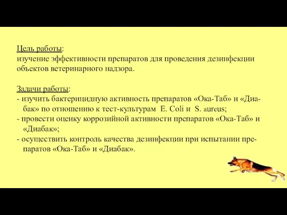 Цель работы: изучение эффективности препаратов для проведения дезинфекции объектов ветеринарного надзора. Задачи